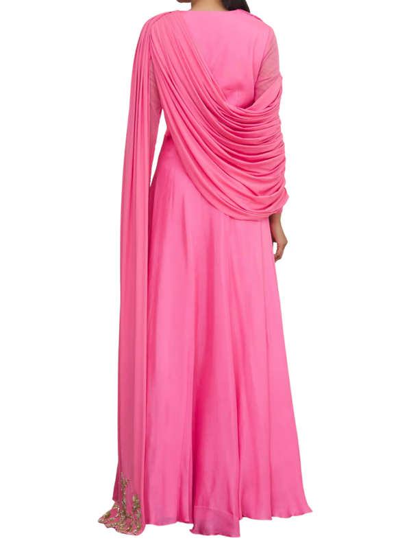 Pink Draped Gown with Gold Embroidery