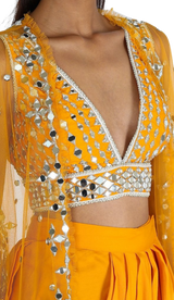Yellow Mirrored Blouse with Dhoti Skirt & Duster Jacket - Preserve