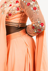 Coral & Floral Embroidered Pre-Draped Belted Sari