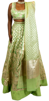 Lime Green Sleeveless Banarasi Lehenga