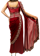 Red Raw Silk Embroidered Pre-Draped Sari