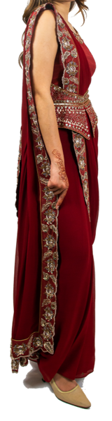 Red Raw Silk Embroidered Pre-Draped Sari