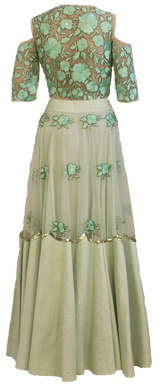 Mint Floral Embroidered Lehenga - Preserve