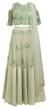 Mint Floral Embroidered Lehenga - Preserve